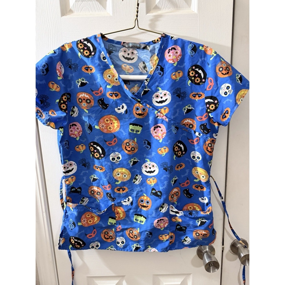 Serene Scrub Top Size Medium‎ Blue Halloween Frankenstein Theme